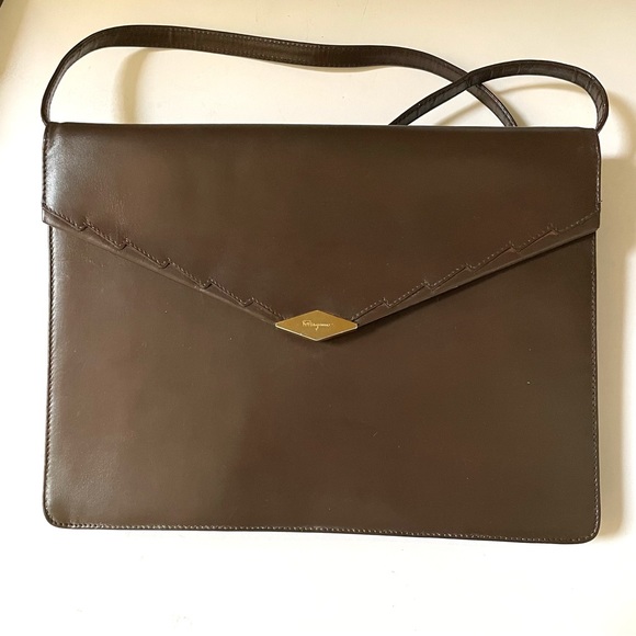 VTG Salvatore Ferragamo Leather Covertible Envelope Bag Purse Brown w Box - Picture 4 of 13